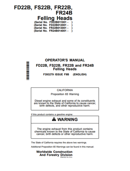 John Deere FD22B FS22B FR22B FR24B Felling Head Operator Manual F393279