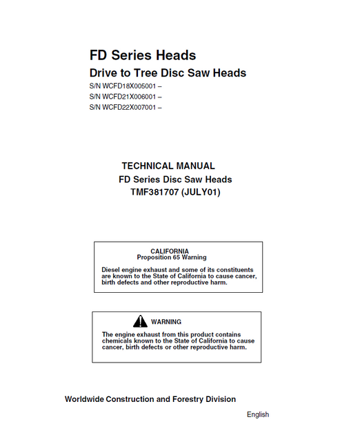 John Deere FD Series Tree Disc Saw Head Service Manual TMF381707