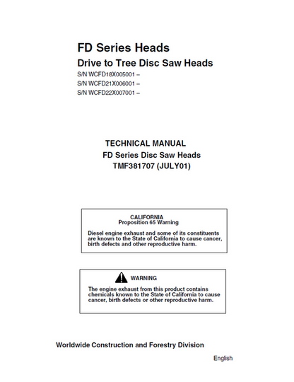 John Deere FD Series Tree Disc Saw Head Service Manual TMF381707