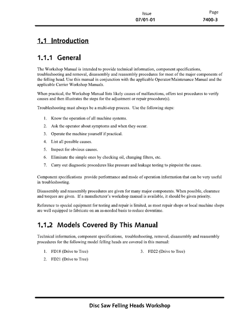 John Deere FD Series Tree Saw Head Workshop Technical Manual
