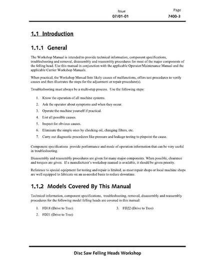 John Deere FD Series Tree Saw Head Workshop Technical Manual
