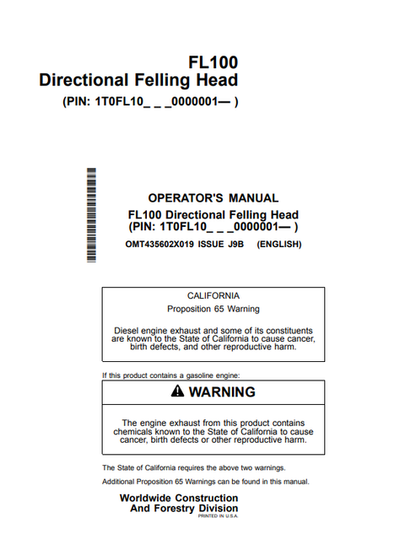 John Deere FL100 Directional Felling Head Operator Manual OMT435602X019