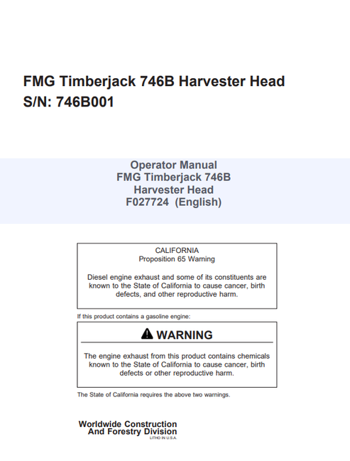 John Deere FMG Timberjack 746B Harvester Head Operator Manual