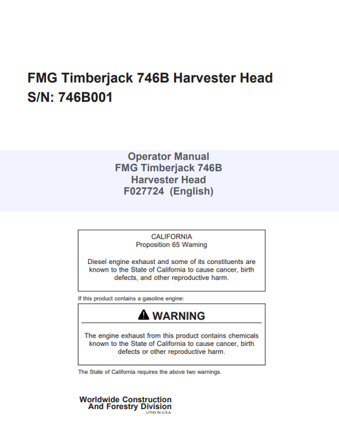 John Deere FMG Timberjack 746B Harvester Head Operator Manual F027724