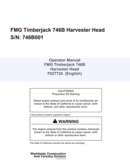John Deere FMG Timberjack 746B Harvester Head Operator Manual F027724
