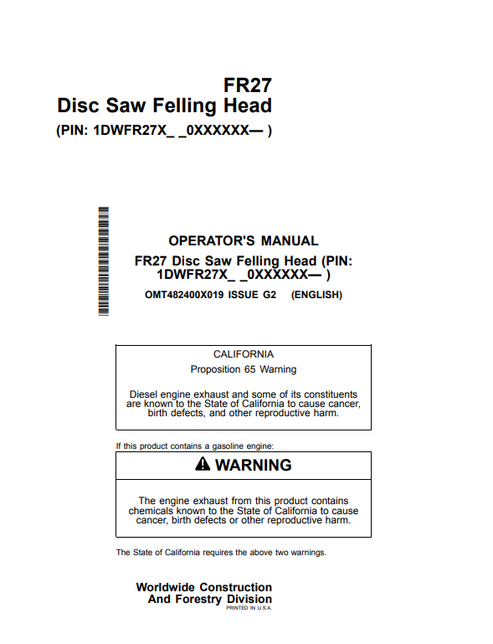 John Deere FR27 Disc Saw Felling Head Operator Manual OMT482400X019