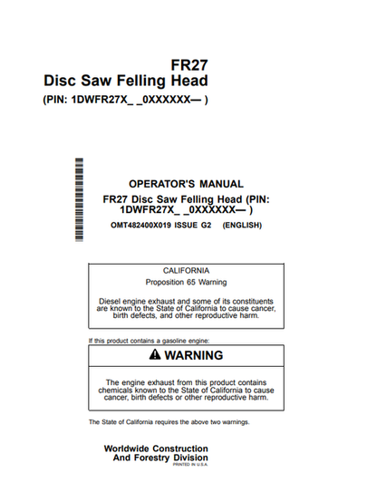 John Deere FR27 Disc Saw Felling Head Operator Manual OMT482400X019