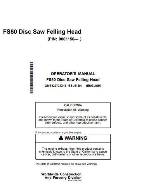 John Deere FS50 Disc Saw Felling Head Operator Manual OMT422721X19