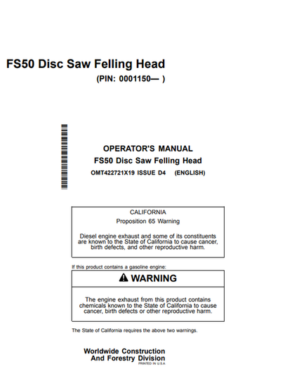 John Deere FS50 Disc Saw Felling Head Operator Manual OMT422721X19