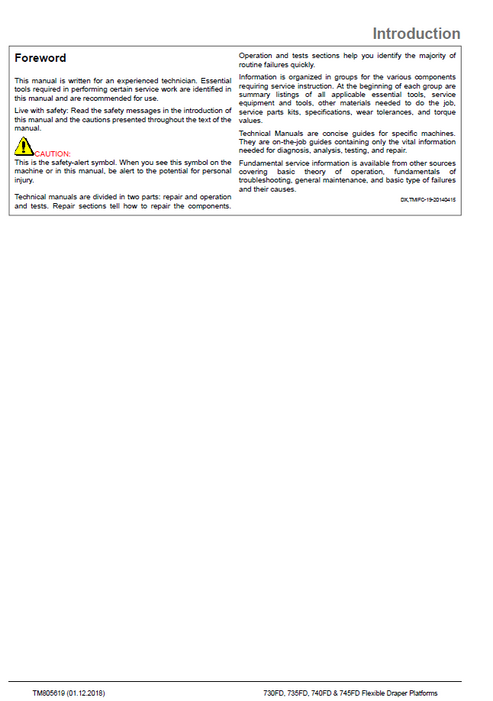 John Deere Flexible Draper Platform 730FD–745FD Service Repair Manual
