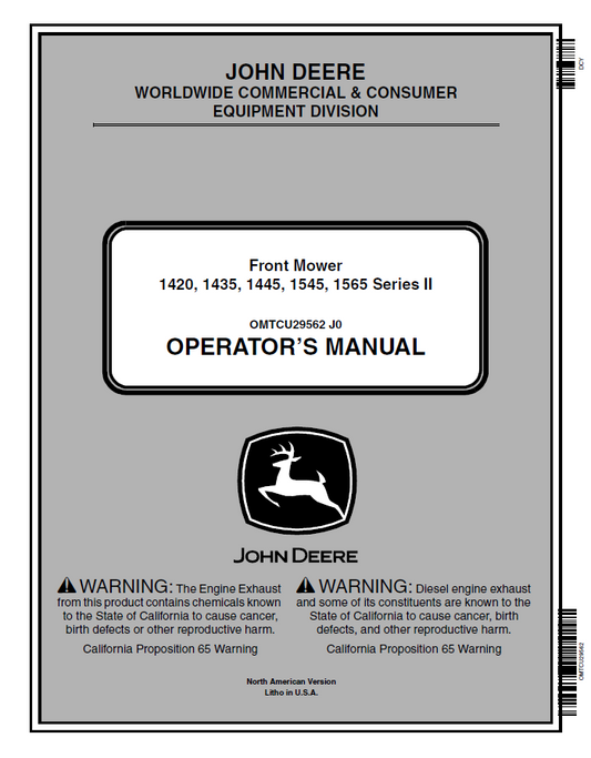 John Deere Front Mower 1420, 1435, 1445, 1545, 1565 Series II Operator Manual OMTCU29562 PDF