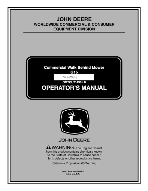 John Deere G15 Walk-Behind Mower Operator Manual OMTCU21436