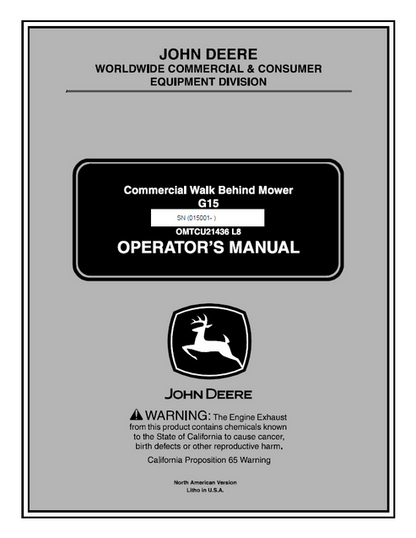John Deere G15 Walk-Behind Mower Operator Manual OMTCU21436