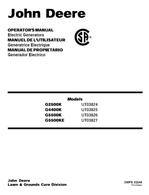 John Deere G2500K G4400K G5500K G5500KE Generator Manual