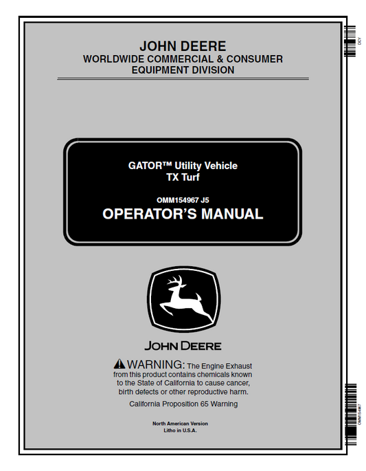 John Deere GATOR™ Utility Vehicle TX Turf Operator Manual OMM154967 PDF