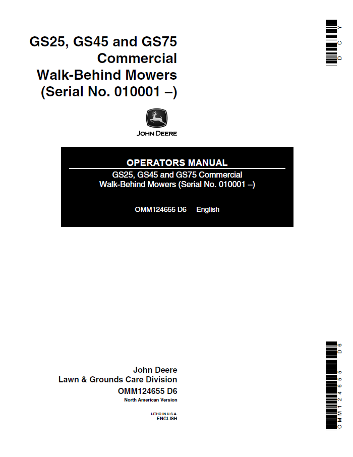 John Deere GS25, GS45 and GS75 Commercial Walk-Behind Mowers Operator Manual OMM124655 PDF