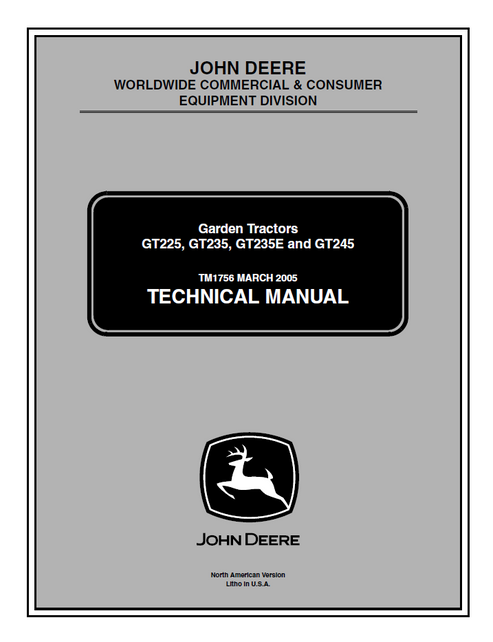 John Deere GT225 GT235 GT235E GT245 Garden Tractor Technical Manual