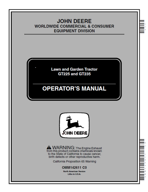 John Deere GT225 GT235 Lawn Garden Tractor Operator Manual OMM142611