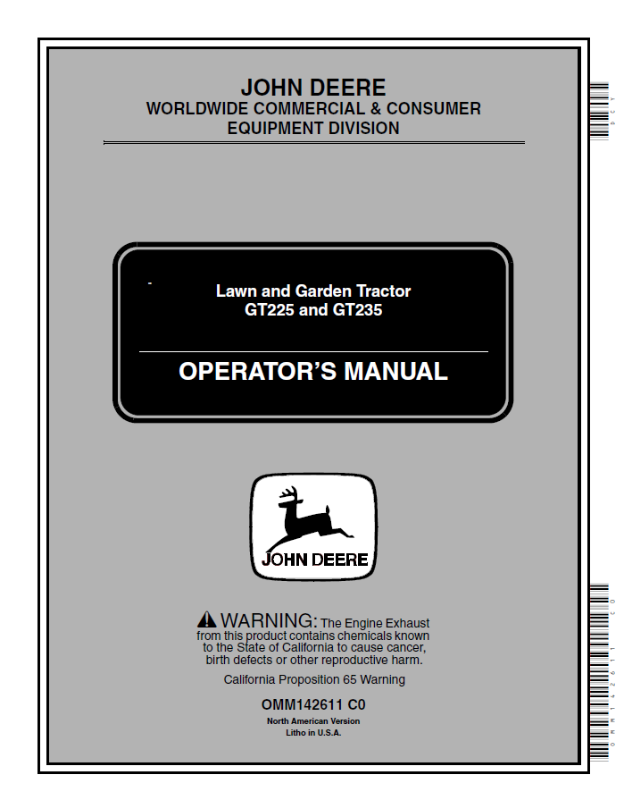 John Deere GT225 and GT235 Lawn and Garden Tractor Operator Manual OMM142611 PDF
