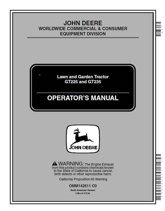 John Deere GT225 and GT235 Lawn and Garden Tractor Operator Manual OMM142611 PDF