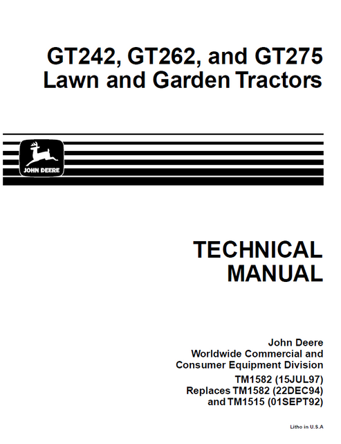 John Deere GT242, GT262 & GT275 Lawn Garden Tractor Manual TM1582