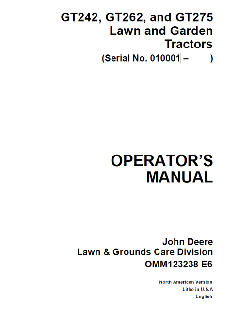 John Deere GT242 GT262 GT275 Lawn & Garden Tractor Operator Manual