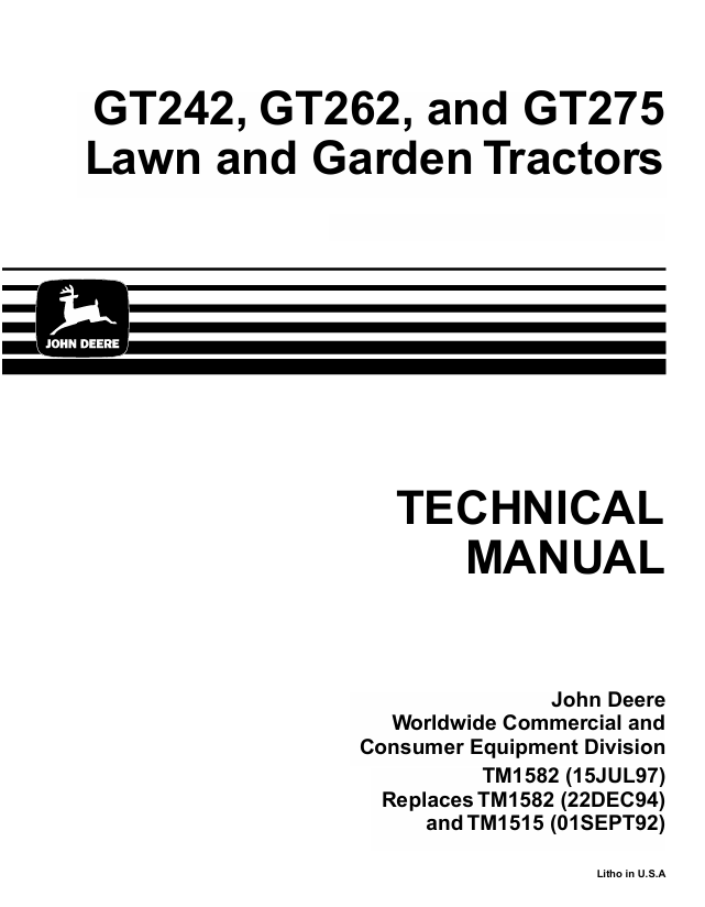 John Deere GT242 GT262 GT275 Lawn & Garden Tractor Technical Manual