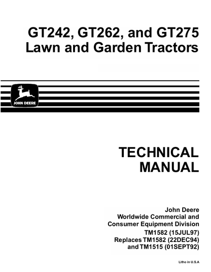 John Deere GT242 GT262 GT275 Lawn & Garden Tractor Technical Manual