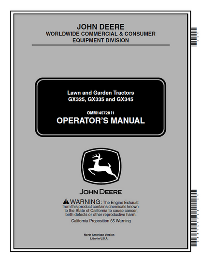 John Deere GX325 GX335 GX345 Lawn Garden Tractor Manual OMM145728