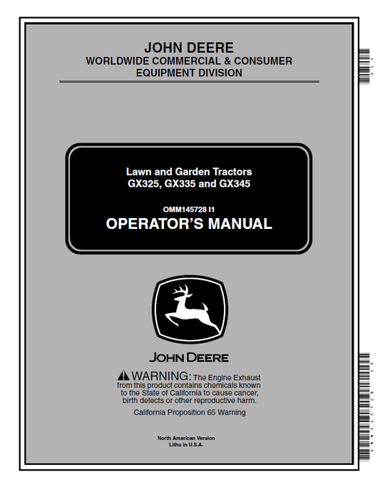 John Deere GX325, GX335 and GX345 Lawn and Garden Tractors Operator Manual OMM145728 PDF