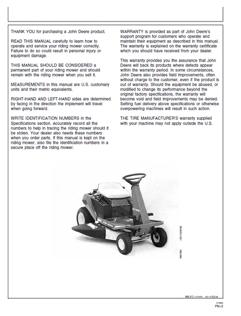 John Deere GX75 & GX95 Riding Mower Operation & Maintenance Manual