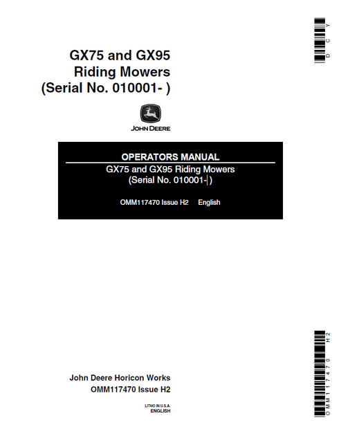 John Deere GX75 GX95 Riding Mower Operator Manual OMM117470