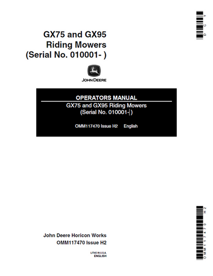 John Deere GX75 GX95 Riding Mower Operator Manual OMM117470