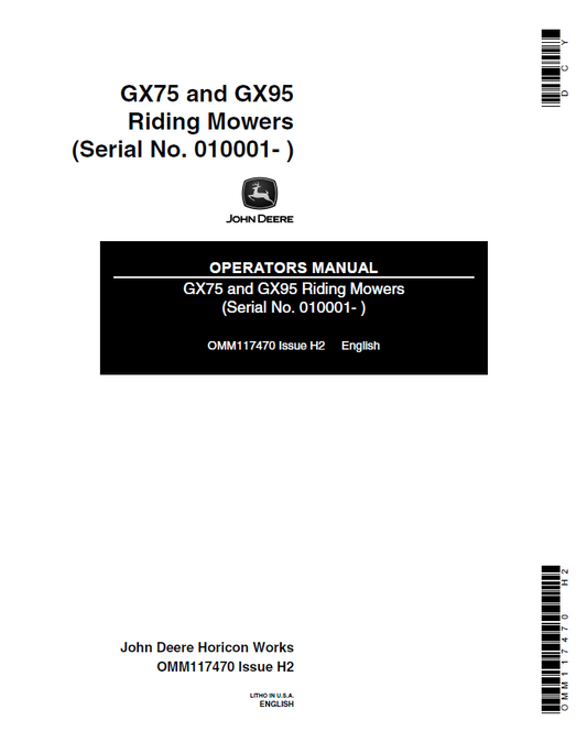 John Deere GX75 and GX95 Riding Mowers Operator Manual OMM117470 PDF