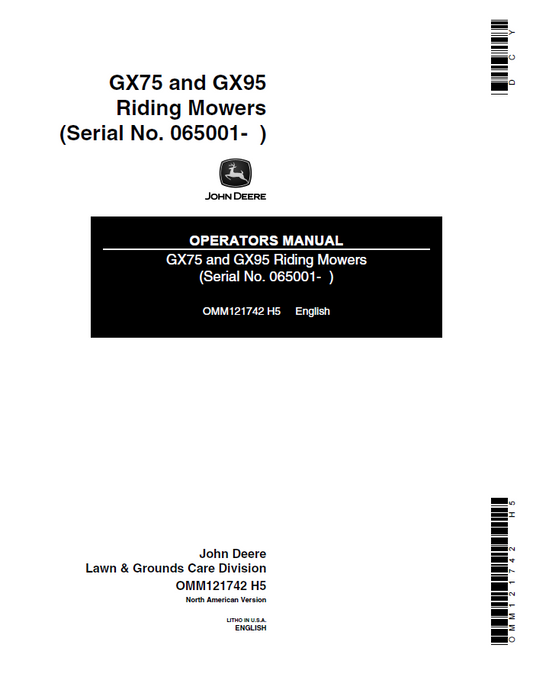 John Deere GX75 and GX95 Riding Mowers Operator Manual OMM121742 PDF