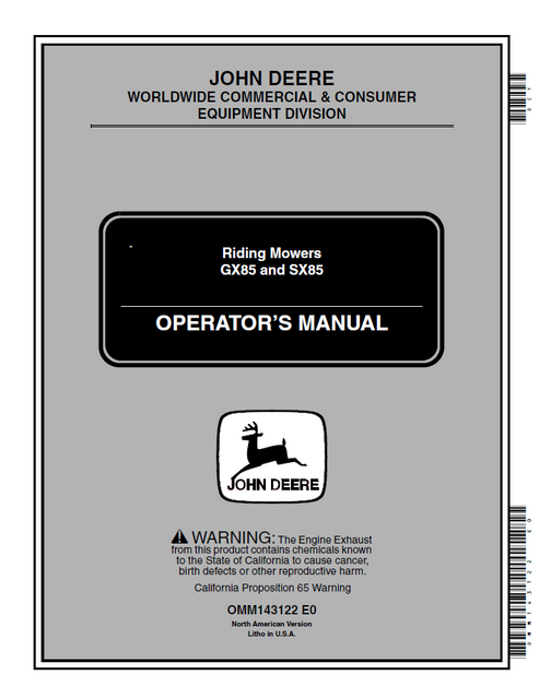 John Deere GX85 SX85 Riding Mower Operator Manual OMM143122
