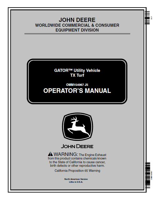 John Deere Gator TX Turf Utility Vehicle Operator Manual OMM154967