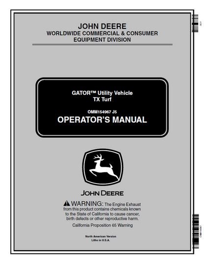 John Deere Gator TX Turf Utility Vehicle Operator Manual OMM154967