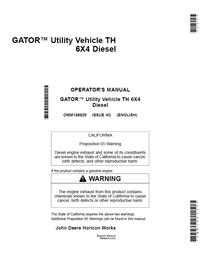 John Deere Gator™ Utility Vehicle HPX 6X4 Diesel Operator Manual OMM168629 PDF