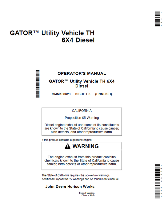 John Deere Gator™ Utility Vehicle HPX 6X4 Diesel Operator Manual OMM168629 PDF