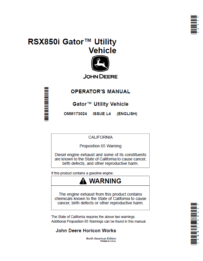 John Deere Gator™ Utility Vehicle HPX RSX850i Diesel Operator Manual OMM173024 PDF