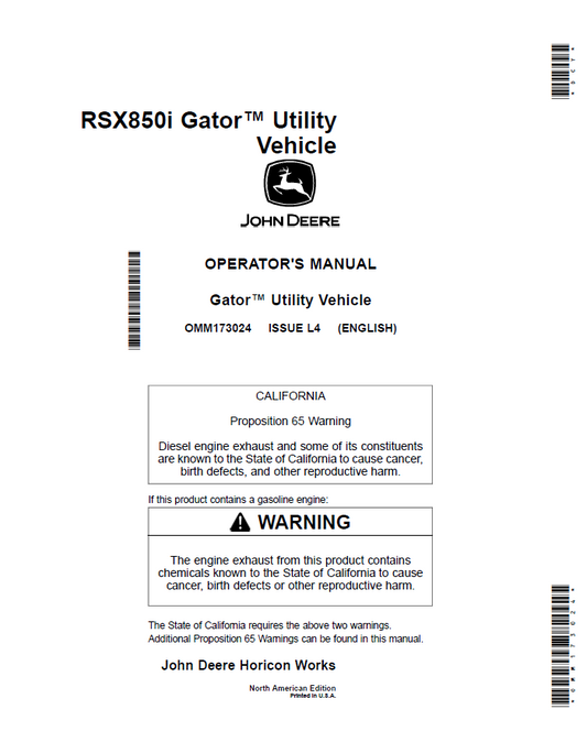 John Deere Gator™ Utility Vehicle HPX RSX850i Diesel Operator Manual OMM173024 PDF