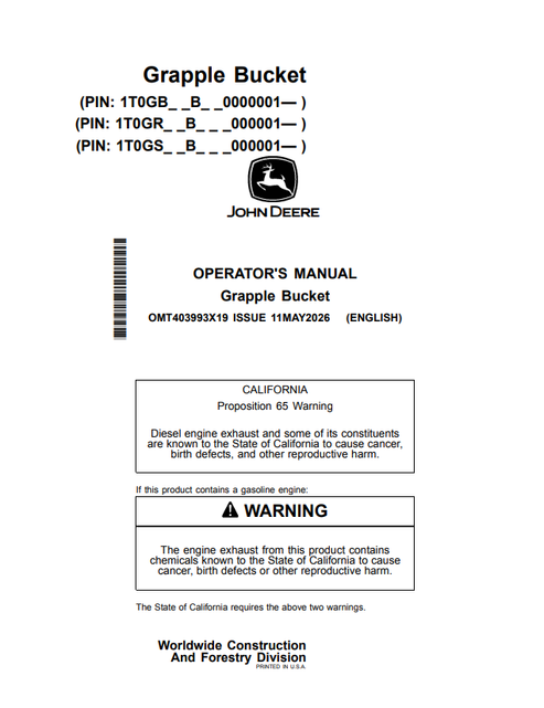 John Deere Grapple Bucket Operator Manual PDF OMT403993X19