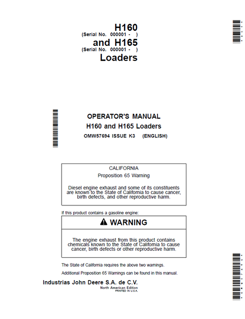 John Deere H160 H165 Loader Operator Manual PDF OMW57694