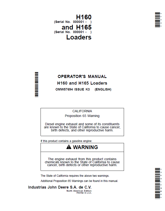 John Deere H160 and H165 Loaders Operator Manual OMW57694 PDF

