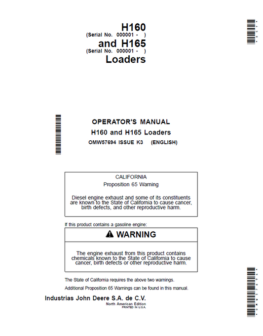 John Deere H160 and H165 Loaders Operator Manual OMW57694 PDF
