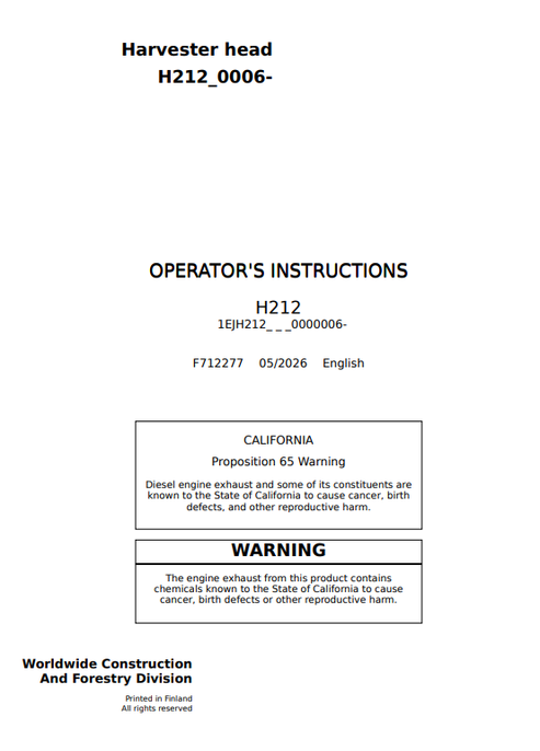 John Deere H212 Harvester Head Operator Manual F712277 PDF