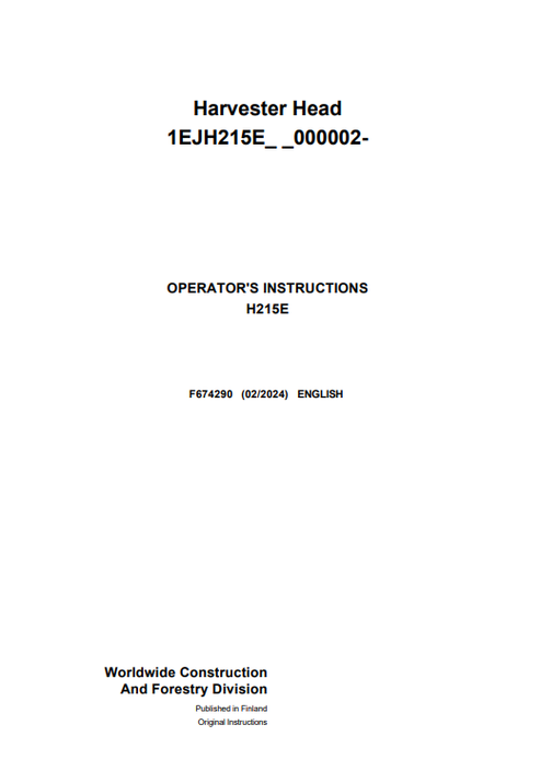John Deere H215E Harvester Head Operator Manual F674290 PDF