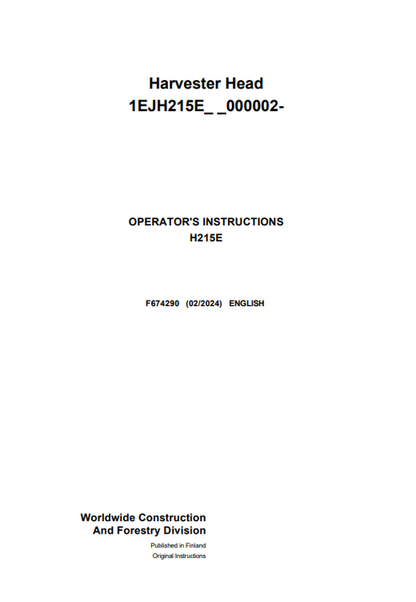 John Deere H215E Harvester Head Operator Manual F674290 PDF