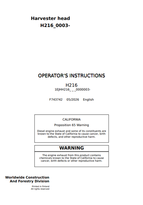John Deere H216 Harvester Head Operator Instruction F743742